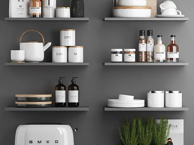 Modern Kitchen Grey Shelves With Spice Bottles Glass Jars White Bowls And Green Plant 3d model