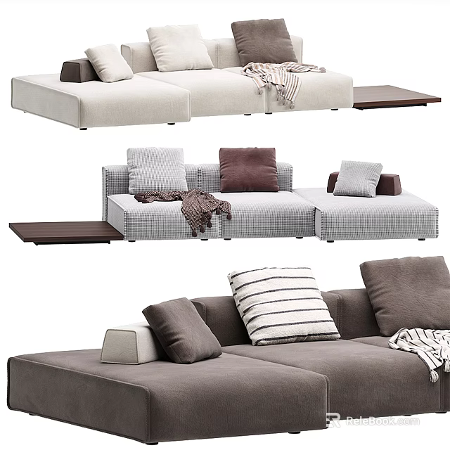Sectional Sofa in Neutral Tones with Decorative Pillows and Cozy Throw Blanket 3d model