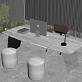 Modern Desk with Apple Computer Books Brown Chair Beige Stools Green Plants in Bright Room
