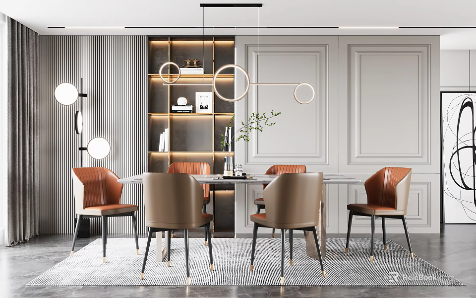 Modern Dining Table Set With Orange Brown Leather Chairs And Round Pendant Lights 3d model