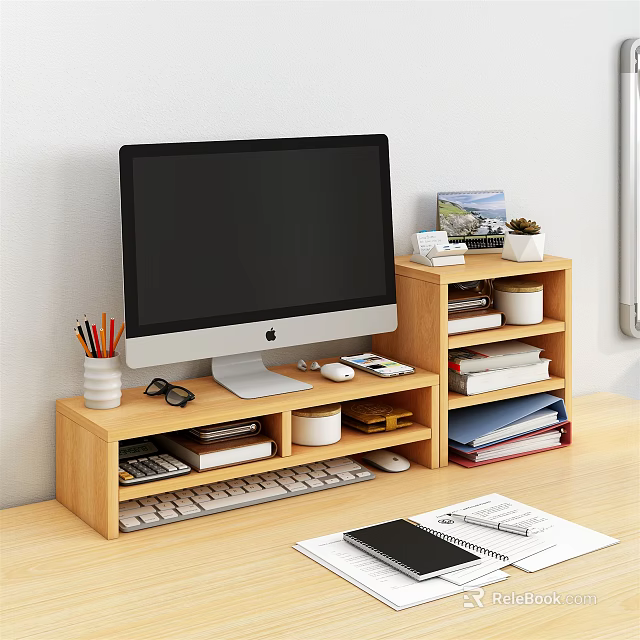Organized Wooden Desktop Setup With Monitor Stand Multi Tier Shelf And Office Supplies 3d model 