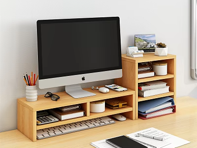 Organized Wooden Desktop Setup With Monitor Stand Multi Tier Shelf And Office Supplies 3d model
