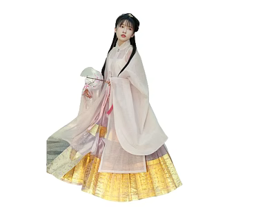 Woman in Elegant Traditional Hanfu with Flowing Sleeves and Gold Skirt 3d model