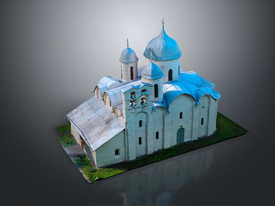 Traditional Church Building With Blue Domes White Walls Bell Tower And Arched Windows On Grass 3d model
