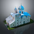 Traditional Church Building With Blue Domes White Walls Bell Tower And Arched Windows On Grass