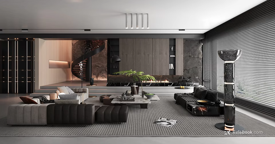 Contemporary Living Room Interior With Black Leather Sofa Gray Carpet Green Plant And Fireplace 3d model 