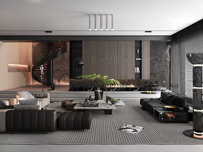 Contemporary Living Room Interior With Black Leather Sofa Gray Carpet Green Plant And Fireplace 3d model