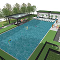 Modern Outdoor Pool Area Design With Lounge Chairs Shaded Pavilion And Surrounding Greenery