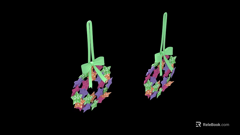 Colorful Decorative Ornament Set Featuring Wreath Design Green Hanging Rope And Bow Details 3d model 