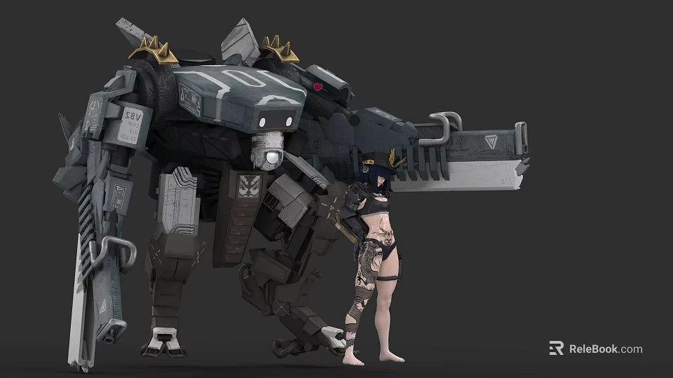 Woman With Tattoos Standing Next To Large Gray Mechanical Robot With Complex Design 3d model 