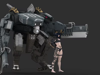 Woman With Tattoos Standing Next To Large Gray Mechanical Robot With Complex Design 3d model