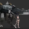 Woman With Tattoos Standing Next To Large Gray Mechanical Robot With Complex Design