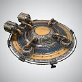 Vintage Sci Fi Circular Metallic Device Featuring Central Disc Blue Stripes And Mechanical Parts