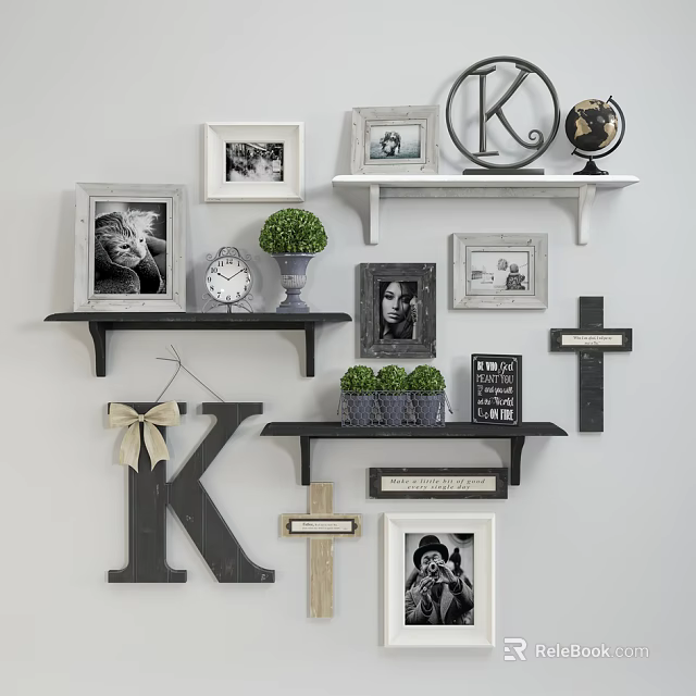Decorative Framed Photos on Wall Shelves with Letter K Globe Clock and Cross Decor 3d model 