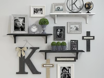 Decorative Framed Photos on Wall Shelves with Letter K Globe Clock and Cross Decor 3d model