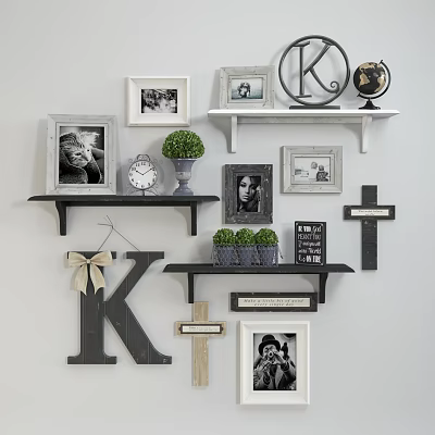 Decorative Framed Photos on Wall Shelves with Letter K Globe Clock and Cross Decor 3d model