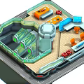 Cartoon Scene Featuring Colorful Building Layout Control Consoles Tower Structure Green Equipment And Blue Panels