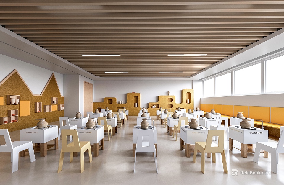 Bright Kindergarten Interior With Wooden House Shaped Decor Neat Small Tables Chairs And Bright Windows 3d model 