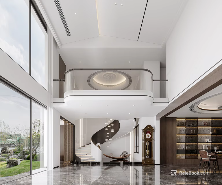 Modern Hotel Lobby With Double Height Space Spiral Staircase And Large Windows 3d model 