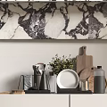 Stylish Dinnerware Set Display With Marble Backsplash Wooden Cutting Board And Green Plant