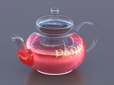 Transparent Glass Teapot With Red Body And Gold Paris Lettering Design 3d model
