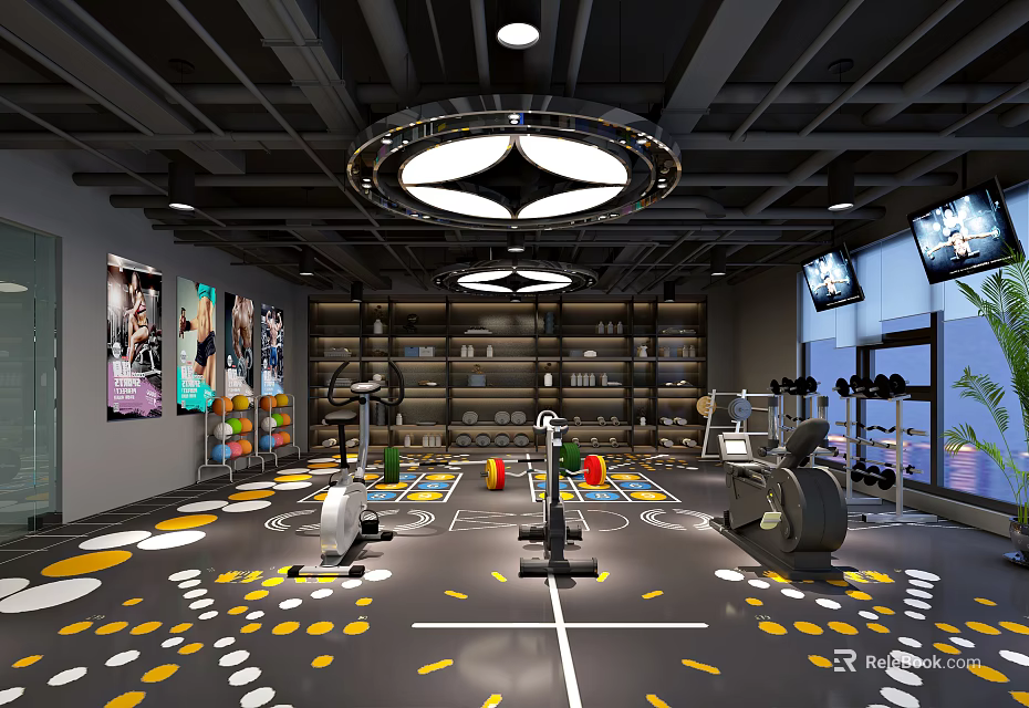 Modern Fitness Gym Interior With Spin Bikes Dumbbells Colorful Floor Dots And Circular Lights 3d model 