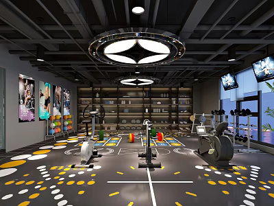 Modern Fitness Gym Interior With Spin Bikes Dumbbells Colorful Floor Dots And Circular Lights 3d model