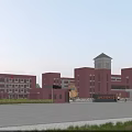 Red Brick School Building With Central Tower Open Plaza Greenery And Blue Sky Background