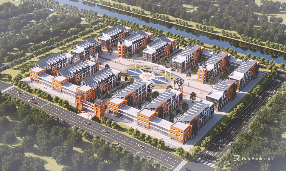 Modern Industrial Workshop Cluster with River Greenery and Road Access 3d model