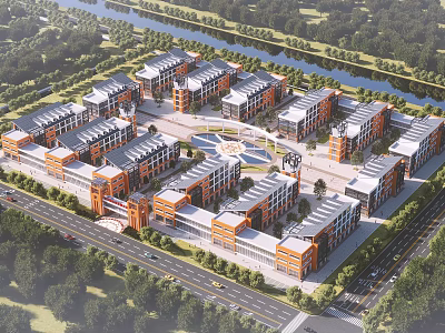Modern Industrial Workshop Cluster with River Greenery and Road Access 3d model