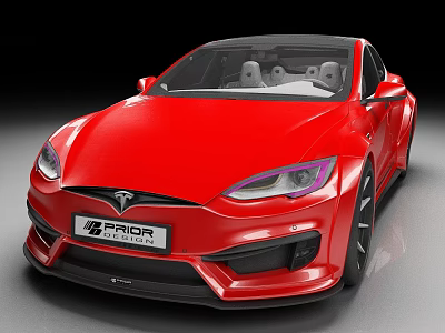 Red Tesla Sports Car Modified By Prior Design Featuring Sporty Front Fascia And Black Wheels 3d model