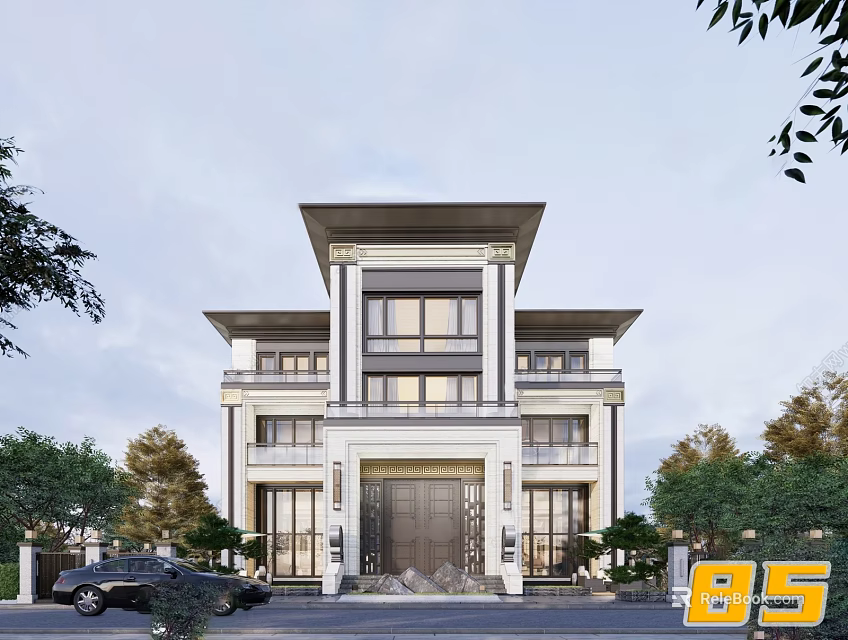 Luxury Modern Detached Villa Exterior Design With Grand Entrance And Large Windows 3d model 