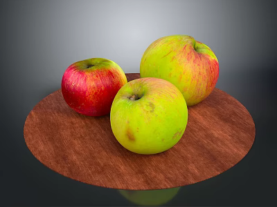 Ripe Red And Green Apples Neatly Arranged On Round Wooden Tray 3d model