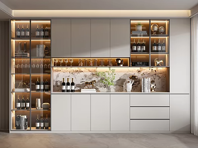 Modern Built in Wine Cabinet With Glass Doors Wine Bottles Glasses And Marble Countertop 3d model