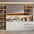Modern Built in Wine Cabinet With Glass Doors Wine Bottles Glasses And Marble Countertop
