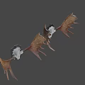 Two Mounted Moose Skull Decorations With Large Antlers On Green Wall