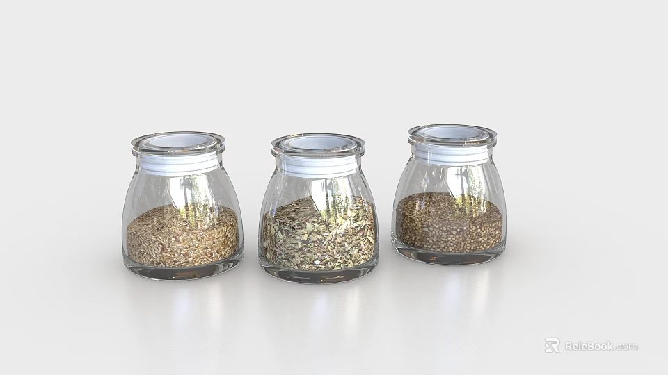 Three Transparent Ceramic Storage Jars With Silver Lids Filled With Grains And Spices 3d model 