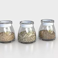 Three Transparent Ceramic Storage Jars With Silver Lids Filled With Grains And Spices