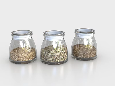 Three Transparent Ceramic Storage Jars With Silver Lids Filled With Grains And Spices 3d model