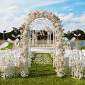 Outdoor Banquet Hall With Floral Arch Pink And White Flowers Lawn White Seats Butterfly Decorations