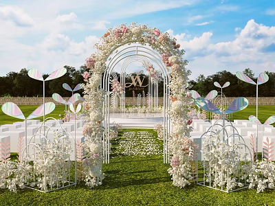 Outdoor Banquet Hall With Floral Arch Pink And White Flowers Lawn White Seats Butterfly Decorations 3d model