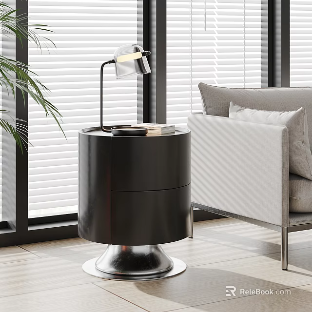Modern Black Round Side Table With Metal Base In Living Room 3d model 