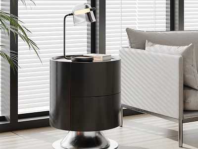 Modern Black Round Side Table With Metal Base In Living Room 3d model