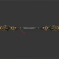 Ornate Metal Staff Sculpture Carving with Intricate Gold Green Decorations and Red Tassel