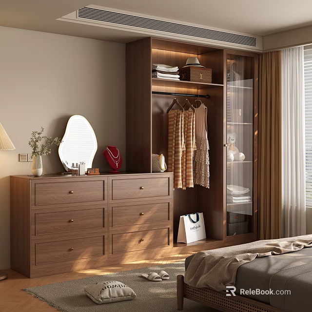 Modern Wooden Wardrobe with Dresser Mirror Hanging Clothes and Storage in Bedroom 3d model 