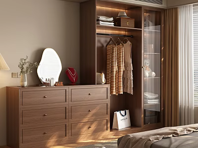 Modern Wooden Wardrobe with Dresser Mirror Hanging Clothes and Storage in Bedroom 3d model