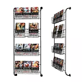 Black Metal Bookcase with Multiple Wire Baskets Holding Comic Books and Magazines on Wheels