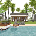 Beachfront Villas Surrounded by Palm Trees with Sun Loungers Boats and Ocean View