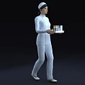Woman Nurse in White Uniform Holding Tray with Medicine Bottles and Boxes