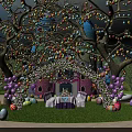 Easter Celebration Scene with Decorated Trees Colorful Eggs Arched Gateway Pink Castle and Balloons Setup